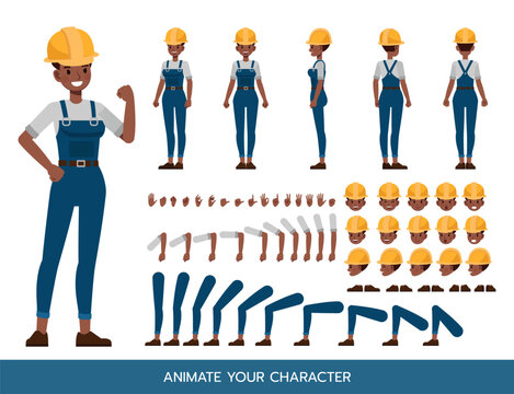 Women construction worker wear blue repairman apron Character Constructor &ndash; Flat Design Vector Kit with Poses and Facial Expressions for Animation and Explainer Videos