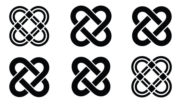 Modern geometric knot patterns with circle accents abstract vector art design, symmetrical interwoven shapes minimalist style decorative ornamental