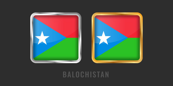 Flag of Balochistan region in 3D square glossy icons with gold and silver metallic borders. Blue, red, and green field with white star for web.