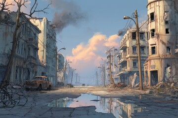 Obraz premium Deserted post-conflict urban street at dawn with ruined buildings and a moody sky