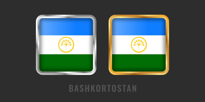 Flag of the Republic of Bashkortostan in 3D square glossy icons with gold and silver metallic borders. Kurai flower symbol on tricolor for apps.