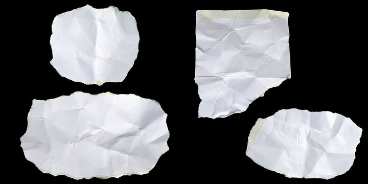 Set of 4 white crumpled torn paper scraps isolated on black background. Wrinkled cardboard pieces with rough edges perfect for collage elements notes and distressed vintage design layouts