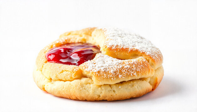 Fresh baked cookie with jam and powdered sugar on white background  