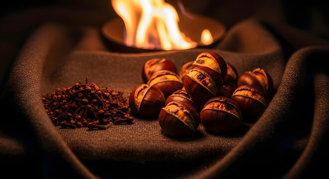 Roasted Chestnuts and Cloves on Fabric by Fireplace