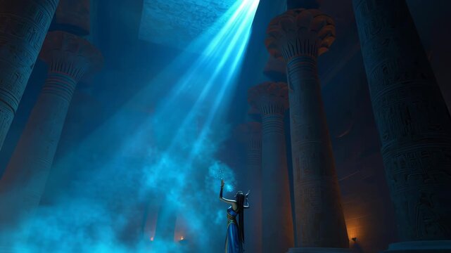 Ancient Egyptian Temple Scene with Torchlit Columns and Rituals Depicting Cleopatra Isis Prayer in a Mystical Setting