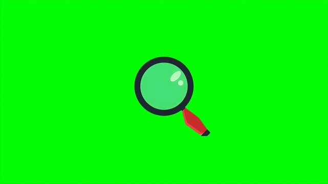 A cartoon magnifying glass icon with a red handle rotates and moves to represent search and discovery concepts