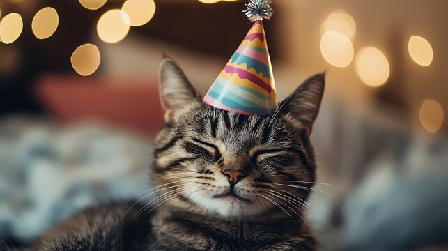 Tabby Cat Wearing a Party Hat / パーティーハットを被ったトラ猫