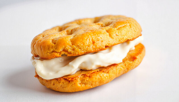 Cream-filled sandwich cookie with golden brown texture  