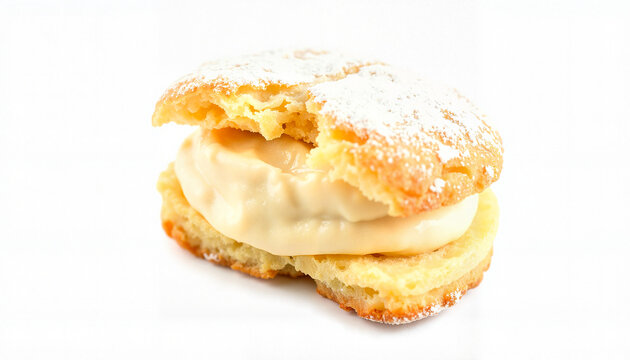 Cream-filled pastry with powdered sugar on a white background  