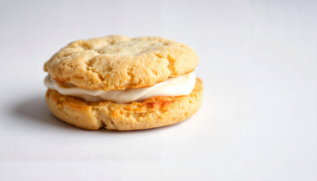 Cream-filled cookie on white surface with soft texture  
