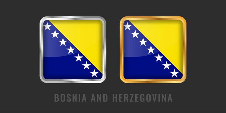 3D glossy square flag of Bosnia and Herzegovina with gold and silver borders. Blue field with yellow triangle and stars national symbol for icons.