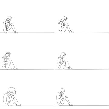 Set of continuous line drawing featuring a man, woman, Arabian, astronaut, and robot sitting on the floor looking depressed. Powerful mental health concept designed for psychology magazine cover page