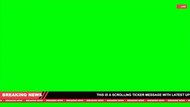 Breaking news lower third with a scrolling ticker message and live indicator for professional broadcast production.