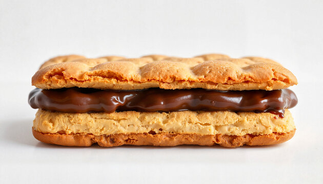 Chocolate cream filling between two crispy biscuit layers  