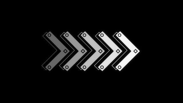 left to right directional black and white animated arrow for the overlay on black. animated arrow icon loop. Swipe button, next button concept, moving Fast forward sign