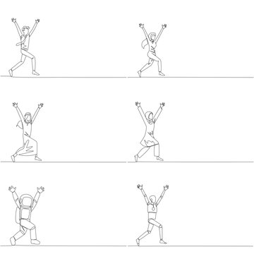 Set of single line drawing of a happy man, woman, Arab, astronaut, and robot running with raised arms. This great success concept is highly suitable for an inspiring marathon event poster print.