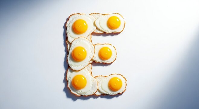 Creative arrangement of fried eggs forming the letter e on a white surface for a unique breakfast concept