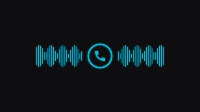 Digital neon blue phone icon with animated sound waves representing a voice call or audio communication interface