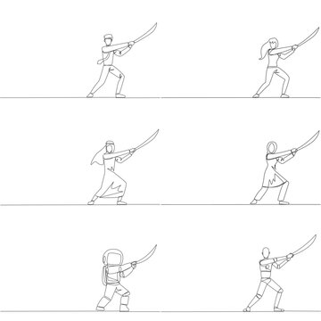 Set of continuous line drawing of a man, woman, Arab, astronaut, and robot holding a sword. An intense battle concept that is extremely appropriate for an engaging self defense class flyer design.