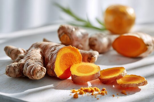 Fresh turmeric roots with slices and powder on a light surface