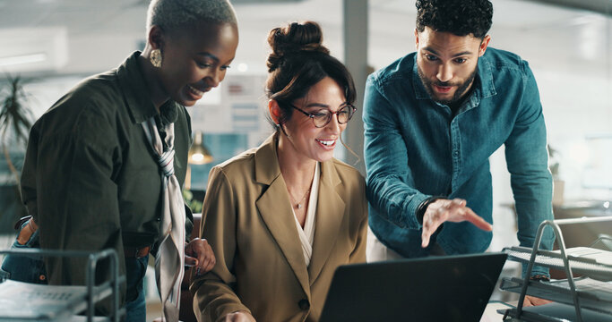 Business people, laptop and team with discussion in office, review or project at finance company. Women, man and smile with computer, feedback report or problem solving at asset management agency