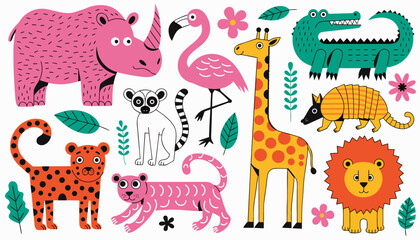 A diverse collection of playful zoo and safari animals. The set includes a pink rhinoceros, a tall giraffe, a bright green crocodile, a regal lion, a leopard, a lemur, a flamingo, and an armadillo. © Phaimanee