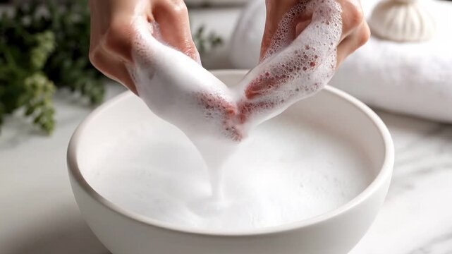 Close-up of hands creating foam in a white bowl filled with soapy water, with greenery in the background, conveying a peaceful and refreshing