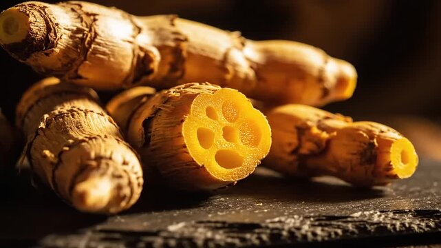 Macro shot of fresh turmeric roots with intricate texture and vibrant color