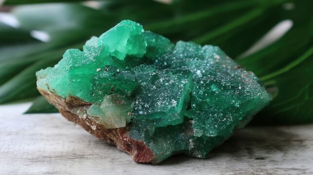 Rough natural piece of vibrant green aventurine gemstone with crystal formations on a textured surface
