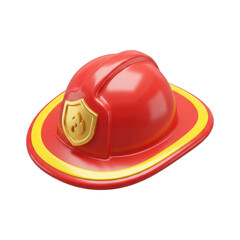 Fototapeta premium Red Firefighter Hat with Yellow Stripe and Gold Badge.