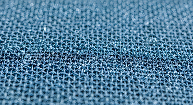 Macro shot of blue water repellent technical fabric with droplets