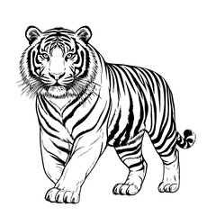 Fototapeta premium Tiger, simple black and white sketch. Vector illustration. Predatory animal of the taiga and America, isolated on a white background