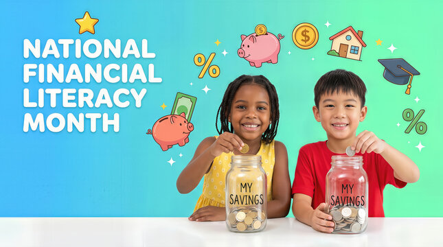 Two children placing coins into glass jars labeled "MY SAVINGS" with colorful graphics for National Financial Literacy Month in a bright, cheerful setting