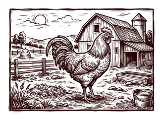 Rooster on Farmyard with Old Barn and Wooden Fence. Hand drawn vintage engraved, vector illustration. © Otpirus