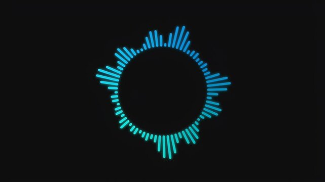 Blue digital audio spectrum equalizer in a circular shape pulses with rhythmic sound waves for music production