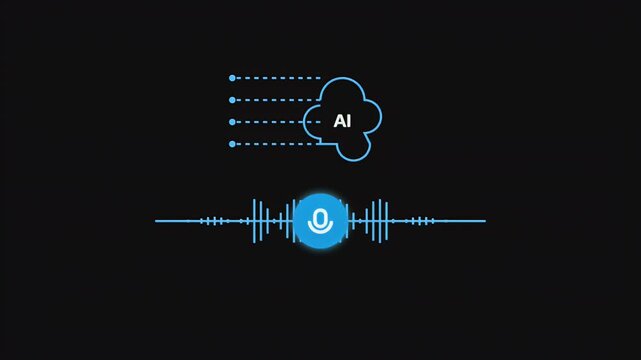 Voice recognition technology animation featuring a microphone icon and audio frequency waves processed by artificial intelligence.