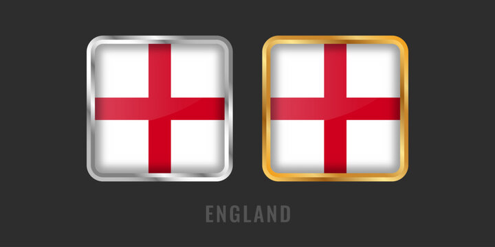 Professional square metallic labels with the St George Cross England flag. High-quality gold and silver icons for local products, exports, and manufacturing origin certification.