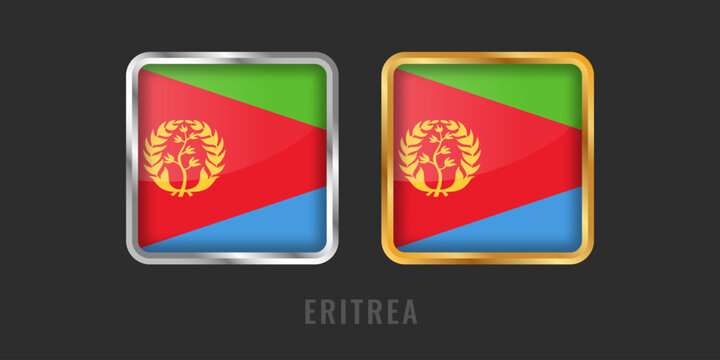 Professional square metallic gold and silver labels featuring the flag of Eritrea. High-quality icons for local products, exports, and manufacturing origin certification.