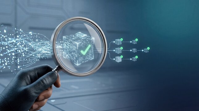 Digital block chain verification concept magnifying glass inspecting secure data structure blockchain technology analysis futuristic cyber security check abstract digital network