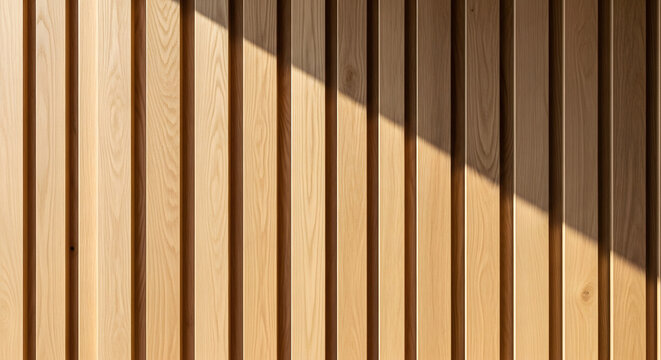Sunlit wooden wall a study in vertical lines and warm tones capturing the play of light and shadow on textured wood