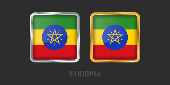 High-quality square labels with the Ethiopia flag in gold and silver frames. Ethiopian manufacturing origin and product certification emblems.