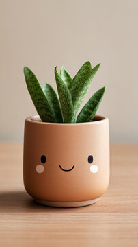 Minimalist cute smiling plant pot with a small snake plant on a wooden table
