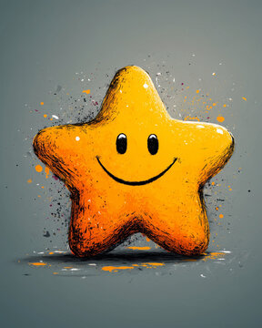 Artistic hand-drawn yellow star with a smiling face on a textured gray background