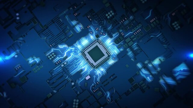 Futuristic Microchip Processor Circuit Board Digital Technology electronic pathways. computing power, technology, data processing, modern digital infrastructure precision engineering high tech