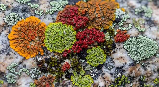 Vibrant lichen growth on rocky surface, colorful moss and fungi