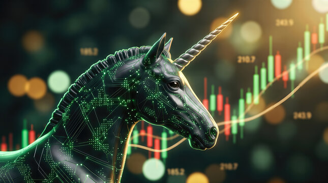 Black unicorn sculpture with glowing digital patterns against a backdrop of financial growth charts and colorful bokeh lights representing IPO asset growth and market trends