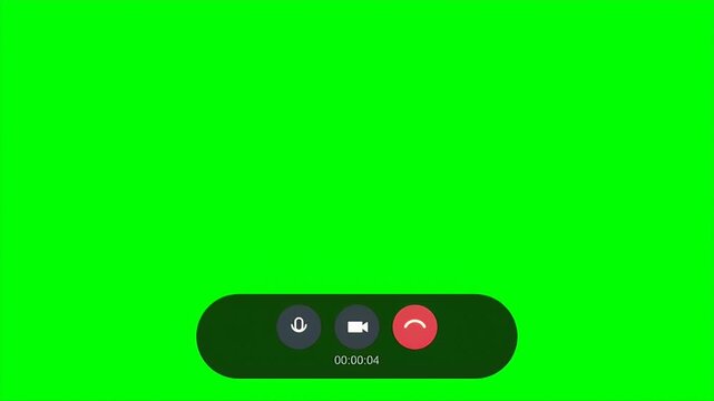 Professional video conferencing interface overlay with active call timer and control buttons on green screen