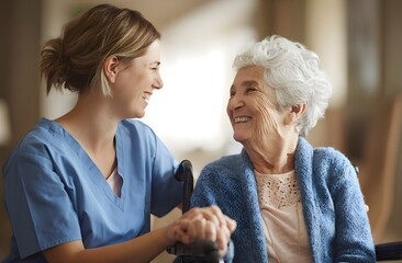 Obraz premium Smiling Caregiver and Elderly Woman Sharing a Moment of Joy and Connection.