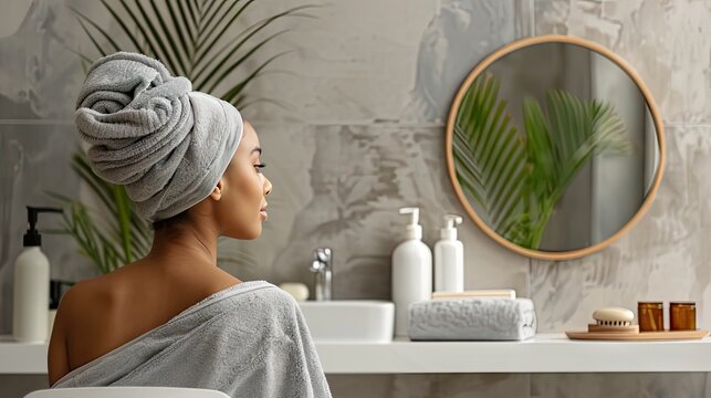 Experience the serene ambiance of a modern minimalist bathroom, where a woman in a gray towel indulges in self-care amidst plush towels, a mirror, and a vibrant plant. Elevate your relaxation today!