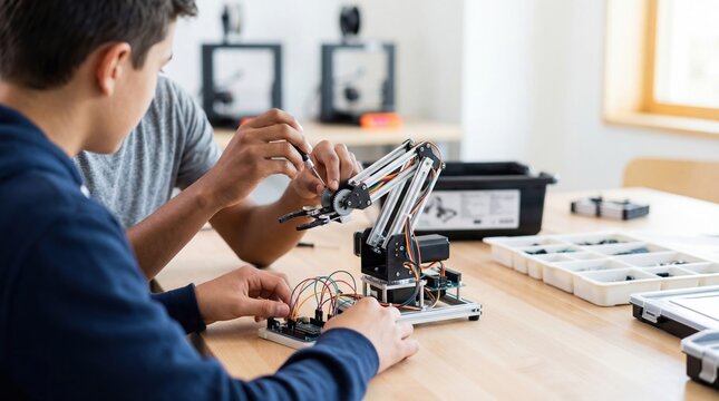 Male student teenager boy assembling small robot arm with screwdriver in classroom laboratory during robotics education science class project